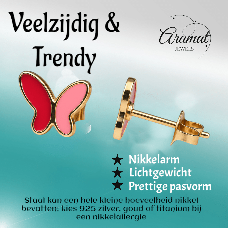 Vlinder oorbellen rood & roze – goudkleurig RVS - oor6072 - Oorbellen kopen# - 9mm - alles - cadeau