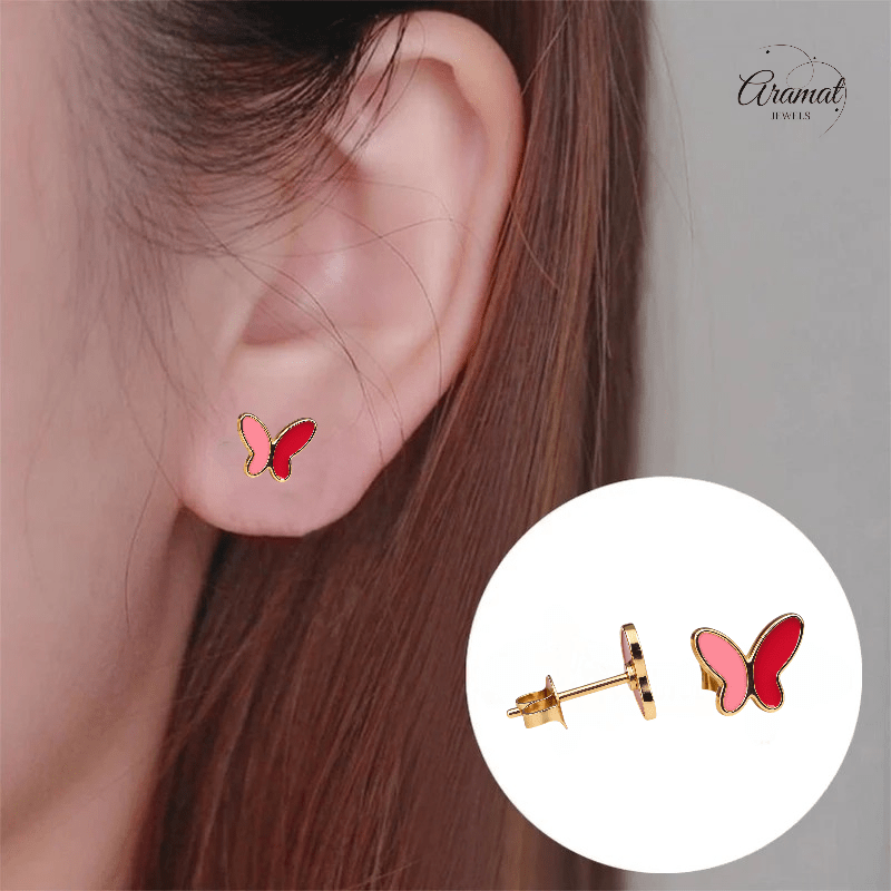 Vlinder oorbellen rood & roze – goudkleurig RVS - oor6072 - Oorbellen kopen# - 9mm - alles - cadeau