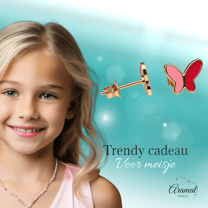 Vlinder oorbellen rood & roze – goudkleurig RVS - oor6072 - Oorbellen kopen# - 9mm - alles - cadeau
