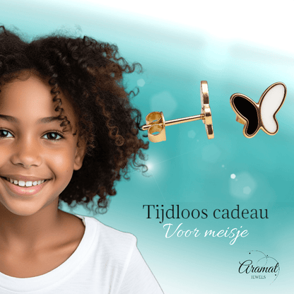 Vlinder oorbellen zwart & wit – goudkleurig RVS - oor6070 - Oorbellen kopen# - 9mm - alles - cadeau