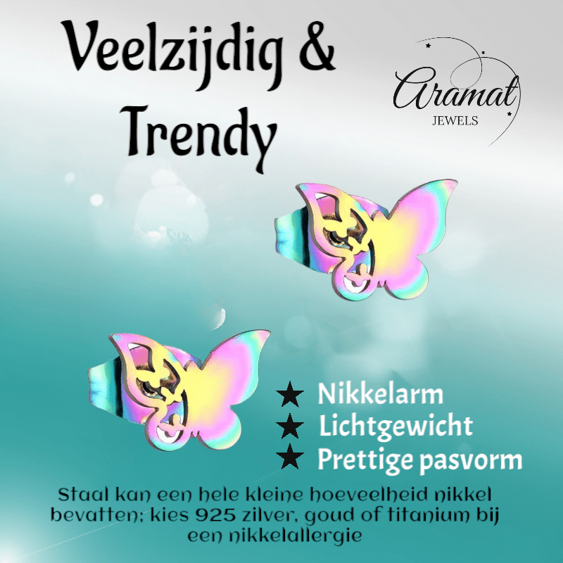 Vlinder oorstekers multikleur – 8x10mm uniek design - Aramat Jewels - Oorbellen - cadeautip