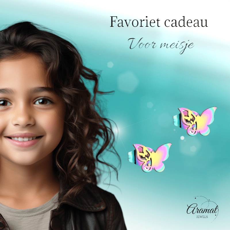 Vlinder oorstekers multikleur – 8x10mm uniek design - Aramat Jewels - Oorbellen - cadeautip