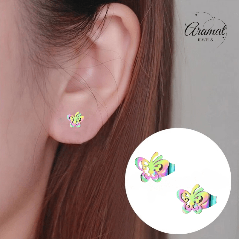 Vlinder oorstekers multikleur staal – 8x9mm open - Aramat Jewels - Oorbellen - cadeautip