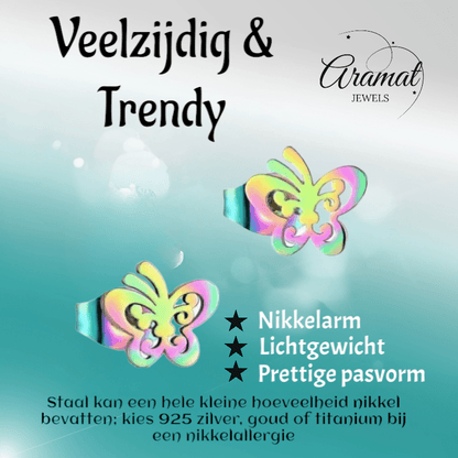 Vlinder oorstekers multikleur staal – 8x9mm open - Aramat Jewels - Oorbellen - cadeautip