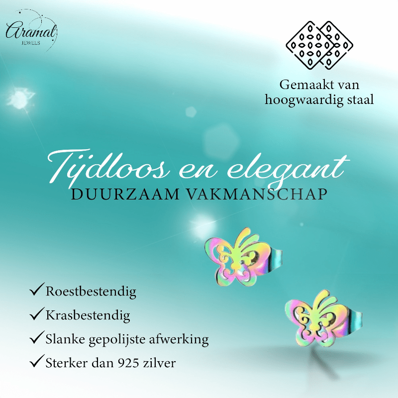Vlinder oorstekers multikleur staal – 8x9mm open - Aramat Jewels - Oorbellen - cadeautip