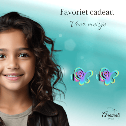 Vlinder oorstekers multikleur staal – 9mm open - Aramat Jewels - Oorbellen - cadeautip