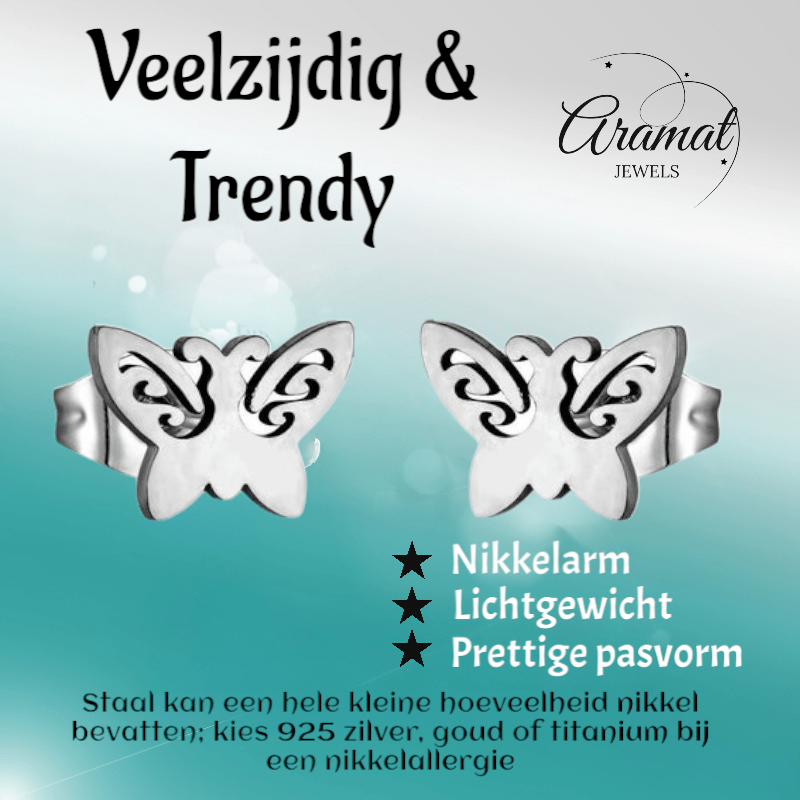 Vlinder oorstekers staal – 7x9mm open vleugel - Aramat Jewels - Oorbellen - cadeautip
