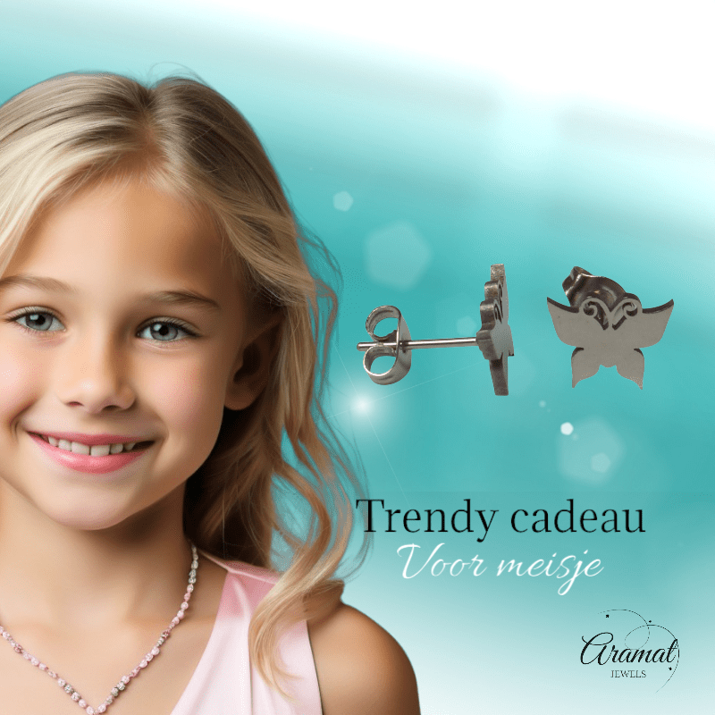 Vlinder oorstekers staal – zilverkleur 8x10mm dicht - Aramat Jewels - Oorbellen - cadeautip