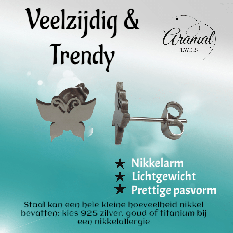 Vlinder oorstekers staal – zilverkleur 8x10mm dicht - Aramat Jewels - Oorbellen - cadeautip