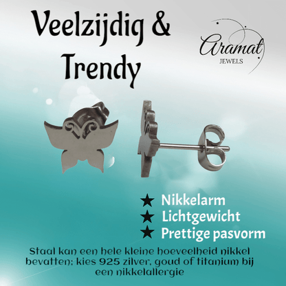 Vlinder oorstekers staal – zilverkleur 8x10mm dicht - Aramat Jewels - Oorbellen - cadeautip