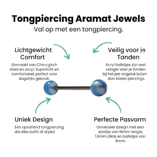 Aramat Jewels white and blue acrylic tongue piercing with a peace symbol design. Made of steel and acrylic.
