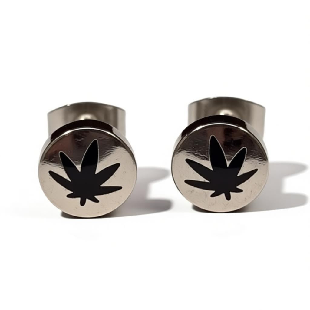 Boucles d'oreilles – Feuille de cannabis en acier inoxydable argent/noir (8 mm)