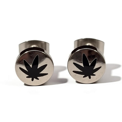Boucles d'oreilles – Feuille de cannabis en acier inoxydable argent/noir (8 mm)