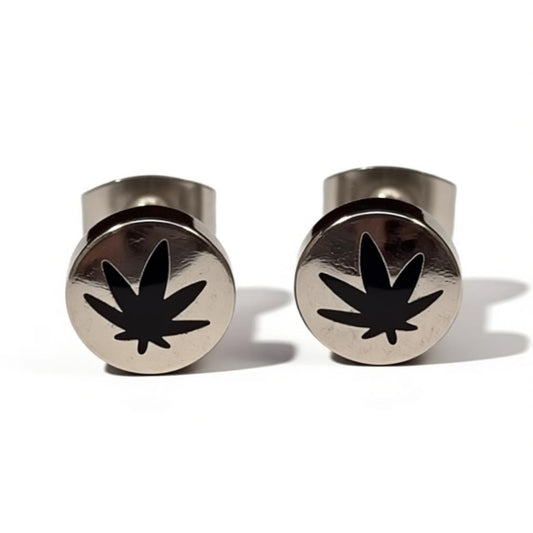 Boucles d'oreilles – Feuille de cannabis en acier inoxydable argent/noir (8 mm)