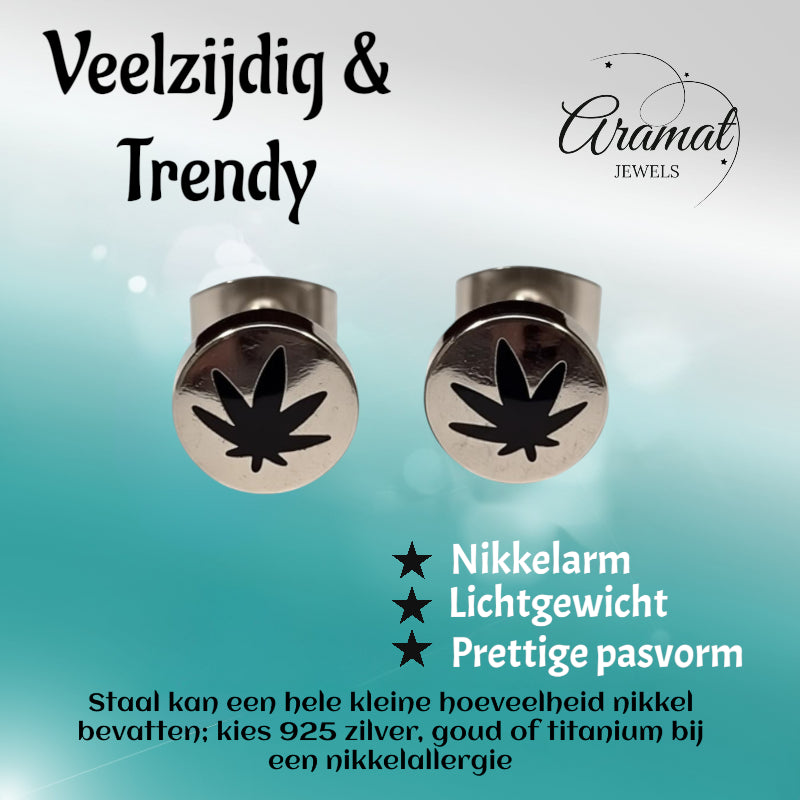 Boucles d'oreilles – Feuille de cannabis en acier inoxydable argent/noir (8 mm)