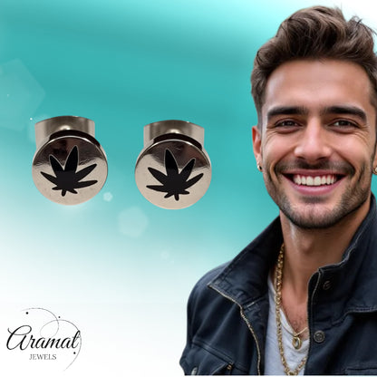 Boucles d'oreilles – Feuille de cannabis en acier inoxydable argent/noir (8 mm)
