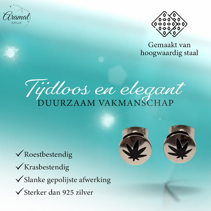 Boucles d'oreilles – Feuille de cannabis en acier inoxydable argent/noir (8 mm)