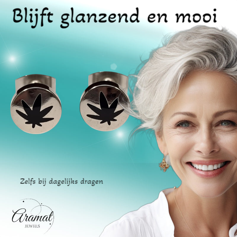 Boucles d'oreilles – Feuille de cannabis en acier inoxydable argent/noir (8 mm)
