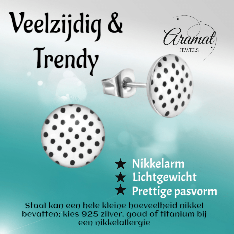 Witte stippel oorstekers met zwart – 10 mm - oor4918 - 40434 - Oorbellen kopen# - 10mm - acryl - alles