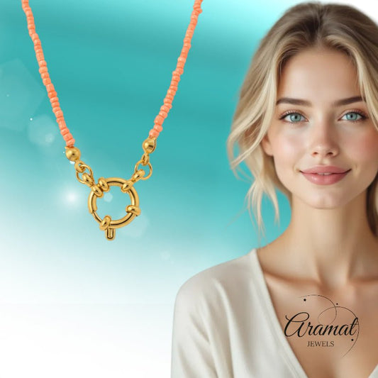 Zalmroze Rocailles Bedelketting met slotje voorkant - Aramat Jewels - Bedelketting - cadeautip