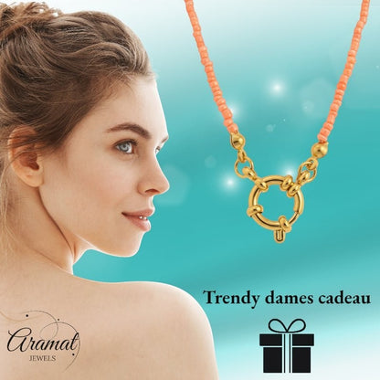 Zalmroze Rocailles Bedelketting met slotje voorkant - Aramat Jewels - Bedelketting - cadeautip