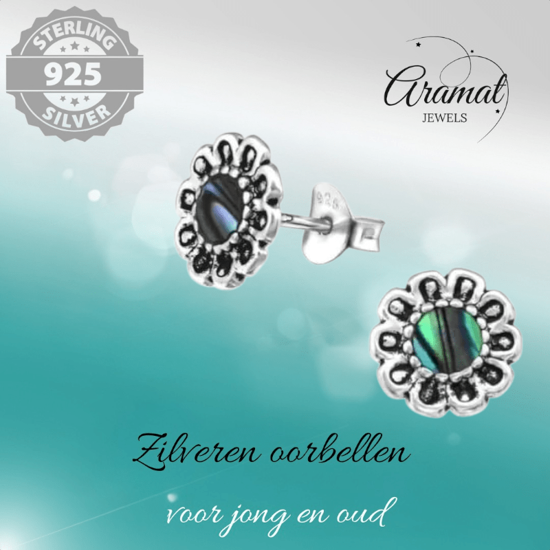 Zilveren Abalone Bloem Oorbellen 9 mm - oor972 - 30785 - Oorbellen kopen# - 925 Zilver - 9mm - Abalone