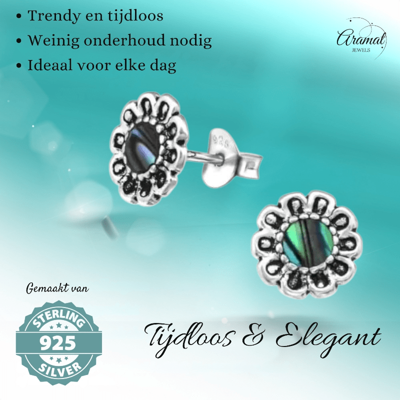 Zilveren Abalone Bloem Oorbellen 9 mm - oor972 - 30785 - Oorbellen kopen# - 925 Zilver - 9mm - Abalone