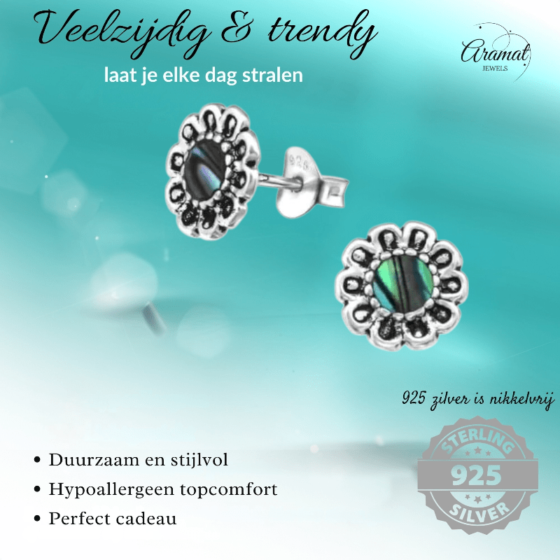 Zilveren Abalone Bloem Oorbellen 9 mm - oor972 - 30785 - Oorbellen kopen# - 925 Zilver - 9mm - Abalone
