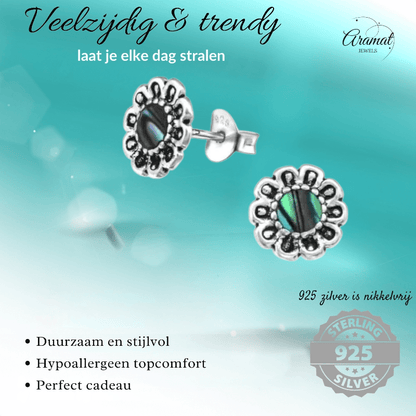 Zilveren Abalone Bloem Oorbellen 9 mm - oor972 - 30785 - Oorbellen kopen# - 925 Zilver - 9mm - Abalone