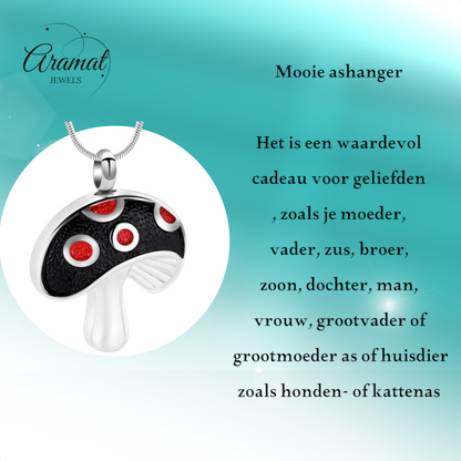 Pendentif en acier et frêne, champignon, émail rouge, 31 mm