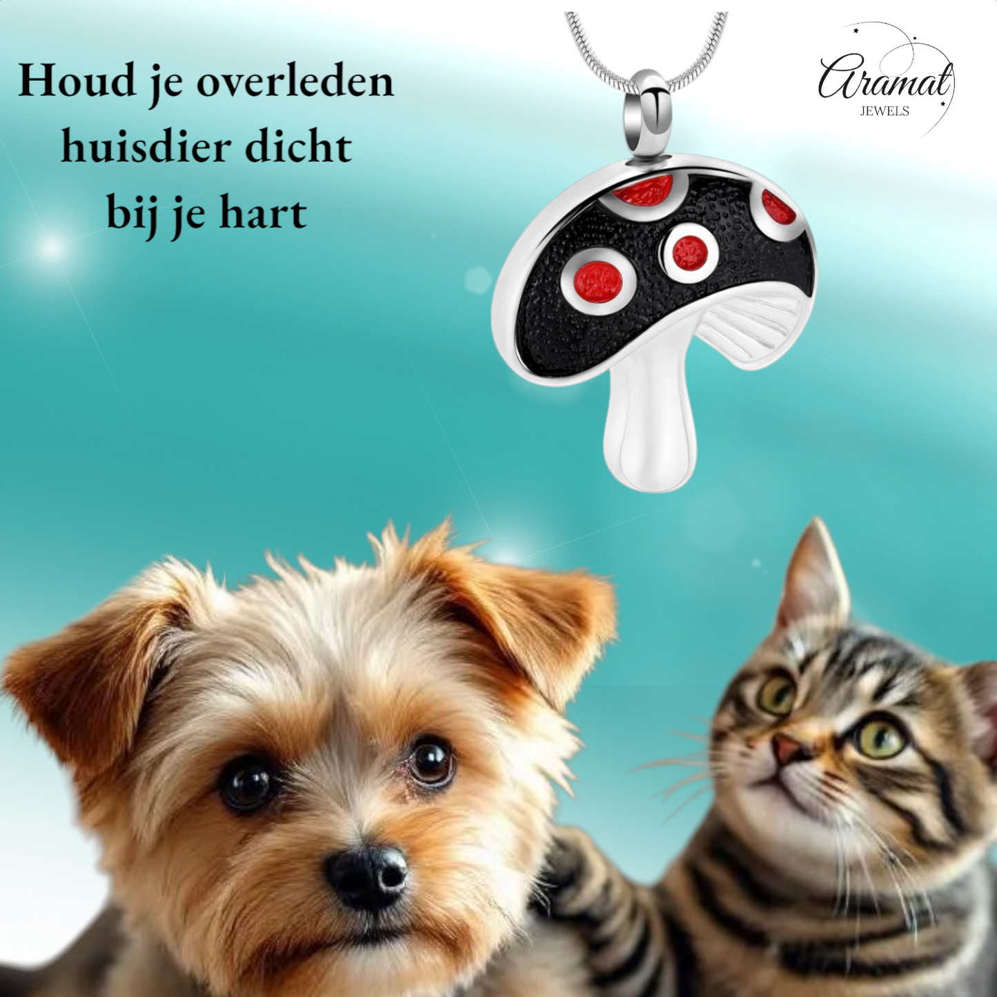 Pendentif en acier et frêne, champignon, émail rouge, 31 mm