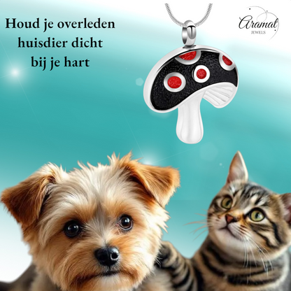 Pendentif en acier et frêne, champignon, émail rouge, 31 mm