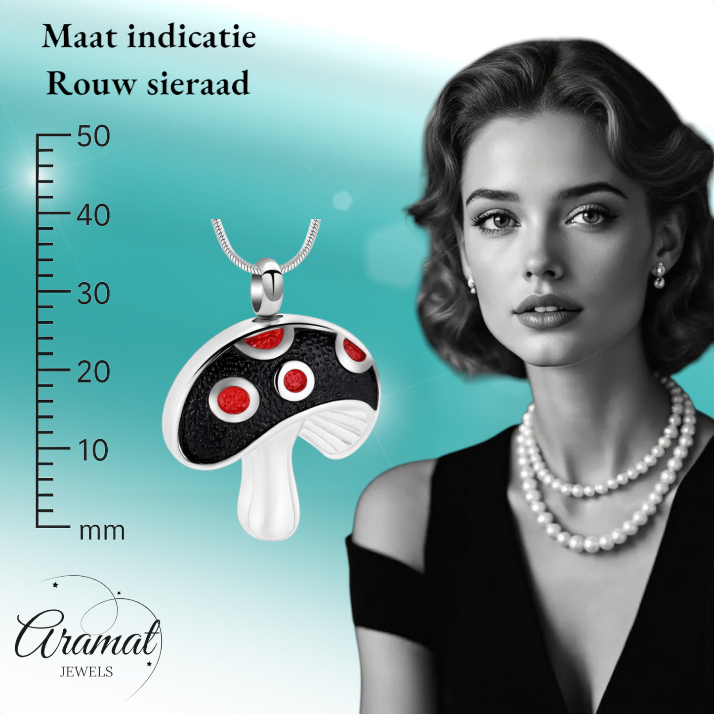 Pendentif en acier et frêne, champignon, émail rouge, 31 mm