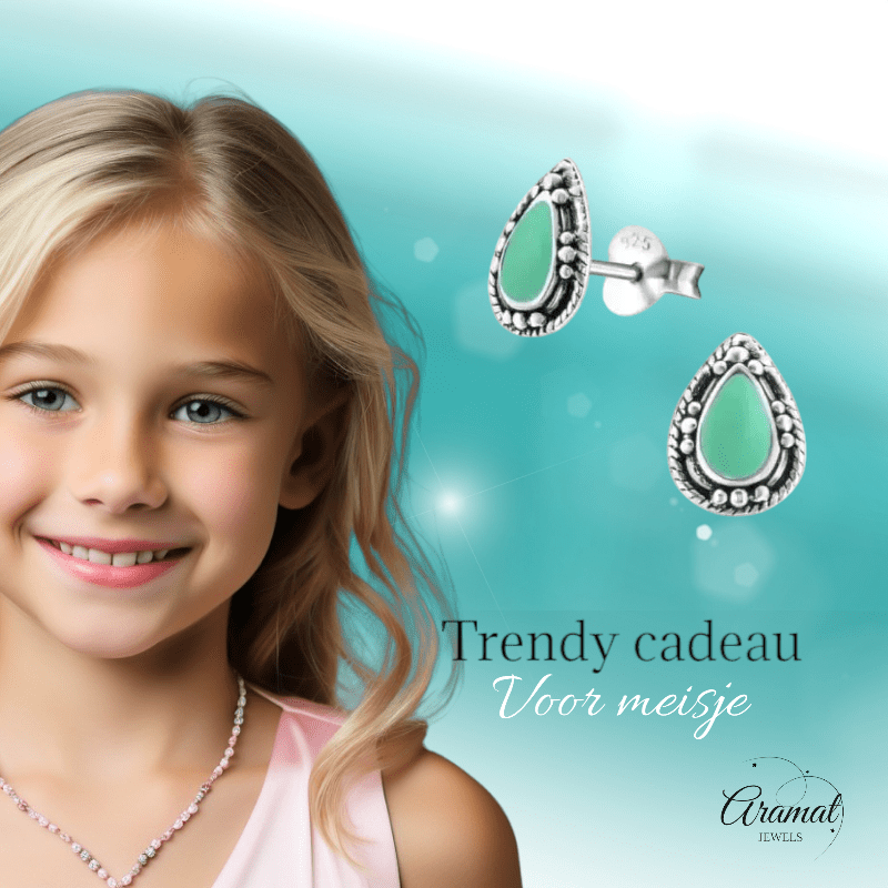 Zilveren Bali Druppel Oorbellen – 9x6mm – Geoxideerd Emaille - oor992 - 24747 - Oorbellen kopen# - Aqua Blauw - 925 Zilver - 9mm