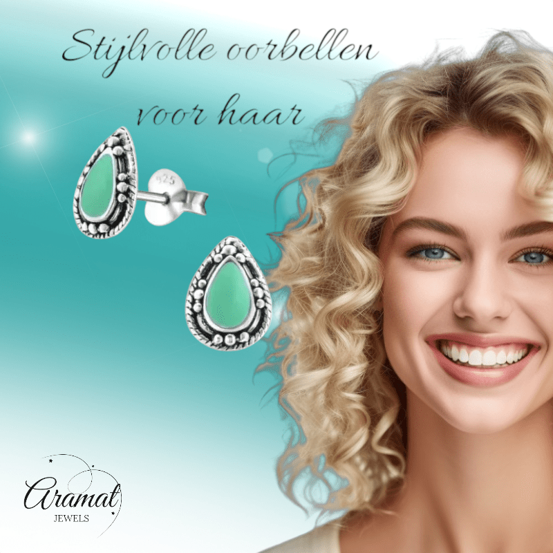 Zilveren Bali Druppel Oorbellen – 9x6mm – Geoxideerd Emaille - oor992 - 24747 - Oorbellen kopen# - Aqua Blauw - 925 Zilver - 9mm