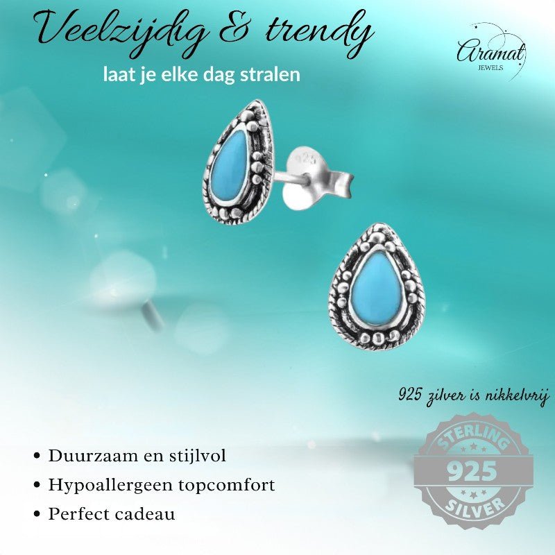 Zilveren Bali Druppel Oorbellen – 9x6mm – Geoxideerd Emaille - oor992 - 24747 - Oorbellen kopen# - Aqua Blauw - 925 Zilver - 9mm