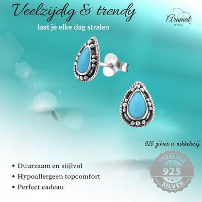 Zilveren Bali Druppel Oorbellen – 9x6mm – Geoxideerd Emaille - oor992 - 24747 - Oorbellen kopen# - Aqua Blauw - 925 Zilver - 9mm