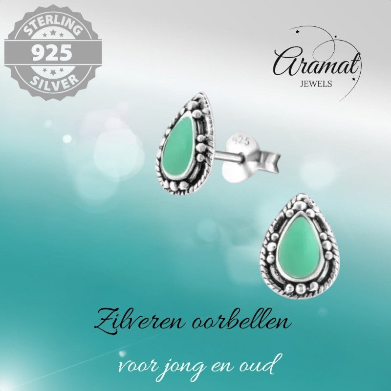 Zilveren Bali Druppel Oorbellen – 9x6mm – Geoxideerd Emaille - oor992 - 24747 - Oorbellen kopen# - Aqua Blauw - 925 Zilver - 9mm