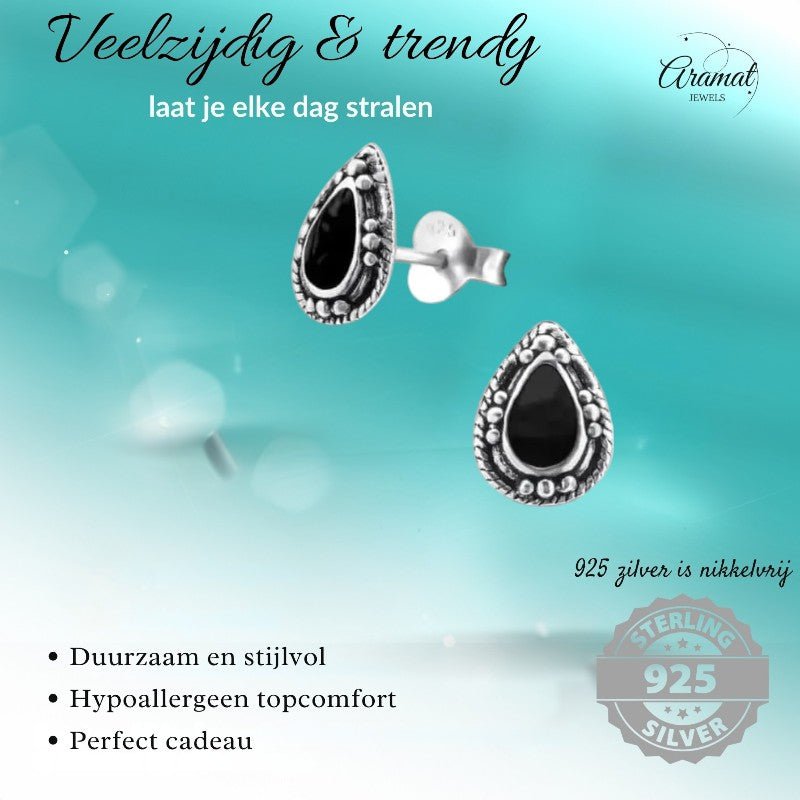 Zilveren Bali Druppel Oorbellen – 9x6mm – Geoxideerd Emaille - oor992 - 24747 - Oorbellen kopen# - Aqua Blauw - 925 Zilver - 9mm