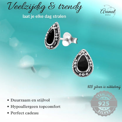 Zilveren Bali Druppel Oorbellen – 9x6mm – Geoxideerd Emaille - oor992 - 24747 - Oorbellen kopen# - Aqua Blauw - 925 Zilver - 9mm