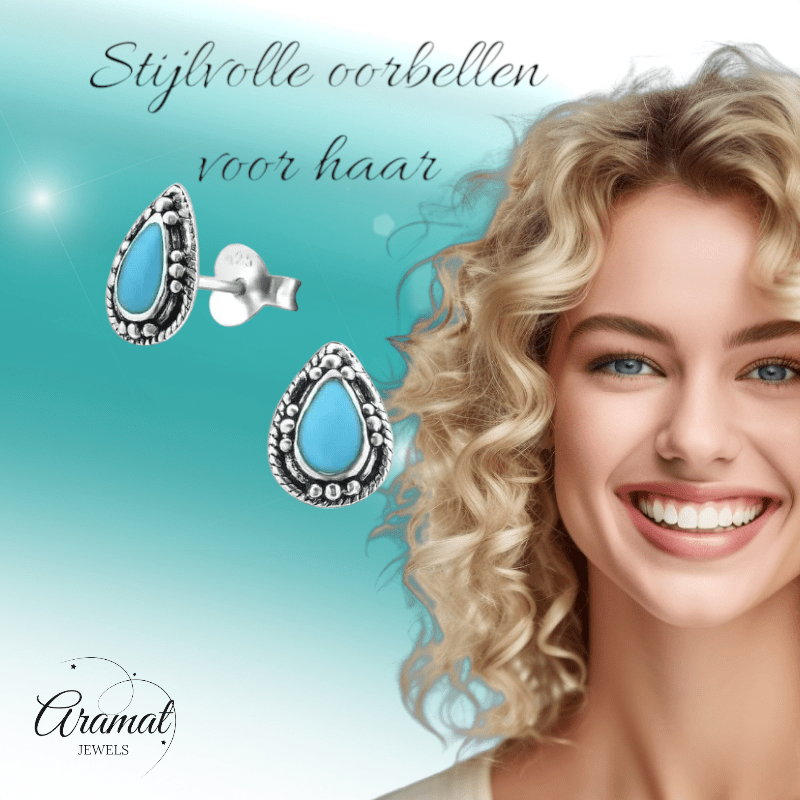 Zilveren Bali Druppel Oorbellen – 9x6mm – Geoxideerd Emaille - oor992 - 24747 - Oorbellen kopen# - Aqua Blauw - 925 Zilver - 9mm