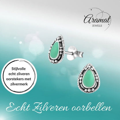 Zilveren Bali Druppel Oorbellen – 9x6mm – Geoxideerd Emaille - oor992 - 24747 - Oorbellen kopen# - Aqua Blauw - 925 Zilver - 9mm