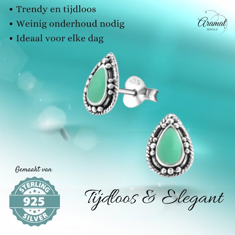 Zilveren Bali Druppel Oorbellen – 9x6mm – Geoxideerd Emaille - oor992 - 24747 - Oorbellen kopen# - Aqua Blauw - 925 Zilver - 9mm