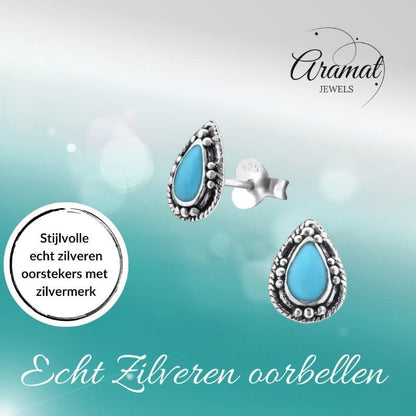 Zilveren Bali Druppel Oorbellen – 9x6mm – Geoxideerd Emaille - oor992 - 24747 - Oorbellen kopen# - Aqua Blauw - 925 Zilver - 9mm