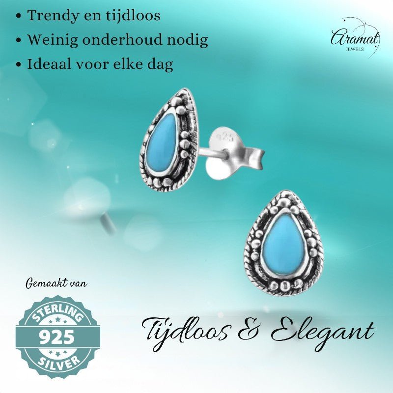 Zilveren Bali Druppel Oorbellen – 9x6mm – Geoxideerd Emaille - oor992 - 24747 - Oorbellen kopen# - Aqua Blauw - 925 Zilver - 9mm