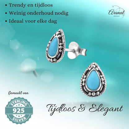 Zilveren Bali Druppel Oorbellen – 9x6mm – Geoxideerd Emaille - oor992 - 24747 - Oorbellen kopen# - Aqua Blauw - 925 Zilver - 9mm