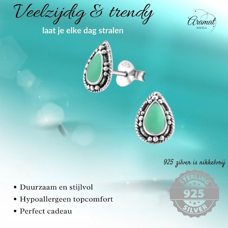 Zilveren Bali Druppel Oorbellen – 9x6mm – Geoxideerd Emaille - oor992 - 24747 - Oorbellen kopen# - Aqua Blauw - 925 Zilver - 9mm