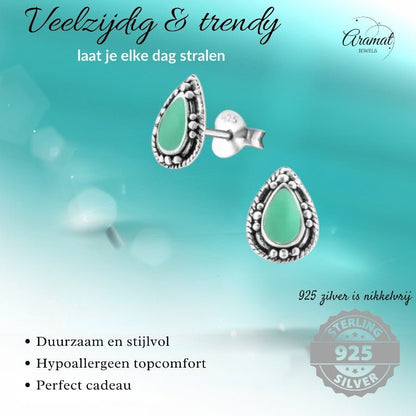 Zilveren Bali Druppel Oorbellen – 9x6mm – Geoxideerd Emaille - oor992 - 24747 - Oorbellen kopen# - Aqua Blauw - 925 Zilver - 9mm