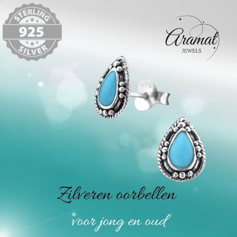 Zilveren Bali Druppel Oorbellen – 9x6mm – Geoxideerd Emaille - oor992 - 24747 - Oorbellen kopen# - Aqua Blauw - 925 Zilver - 9mm