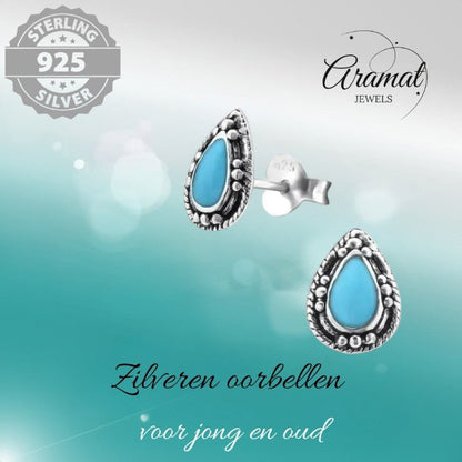 Zilveren Bali Druppel Oorbellen – 9x6mm – Geoxideerd Emaille - oor992 - 24747 - Oorbellen kopen# - Aqua Blauw - 925 Zilver - 9mm